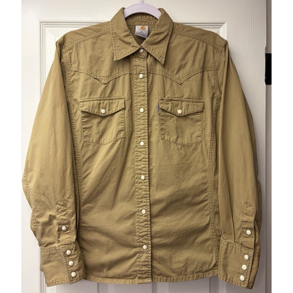 Vintage Womens Carhartt Khaki Brown Pearl Snap Button Up Shirt Size M Y2K